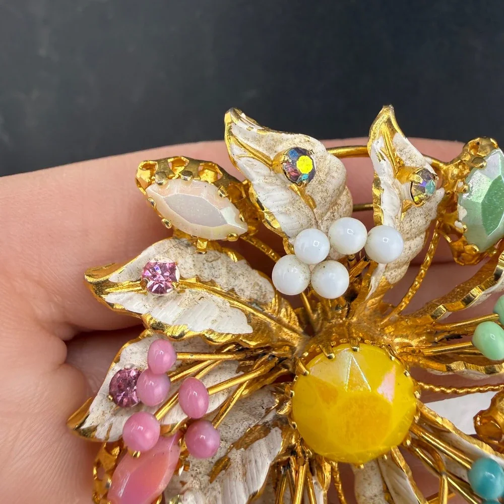 Vintage Rhinestone Flower Brooch Multicolor Enamel Gold Tone